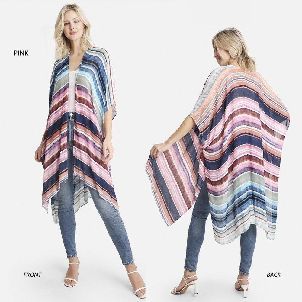 P/S Multi-Colored Stripe Pattern Long Cover up·Kimono·Wrap·Swimsuit·ComfyLuxe
